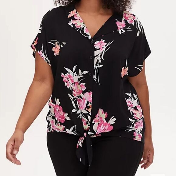 5X 28W Tie Front Blouse Black Pink Floral Challis - Picture 1 of 10